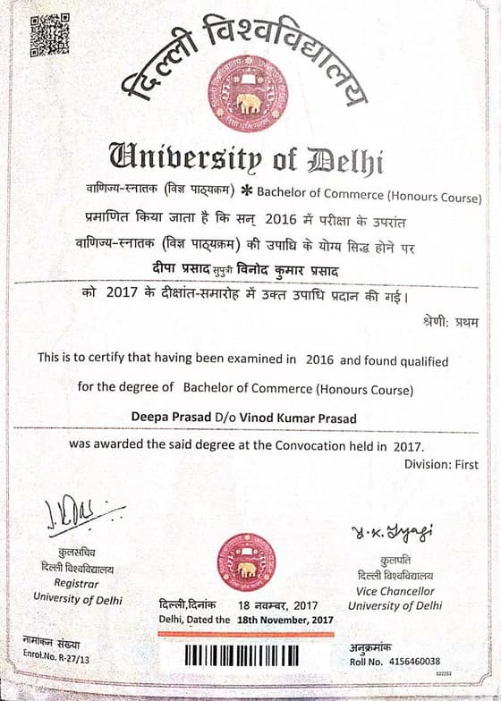 Verified degree or teaching certification of Deepa 