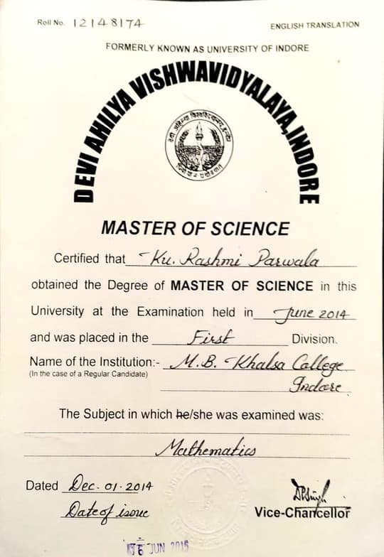 Verified degree or teaching certification of Rashmi 