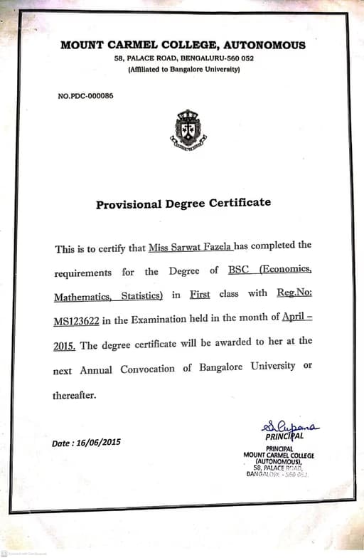Verified degree or teaching certification of Sarwat 