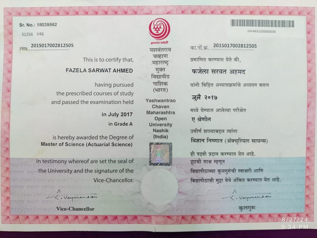 Graduation ceremony photo of Sarwat 