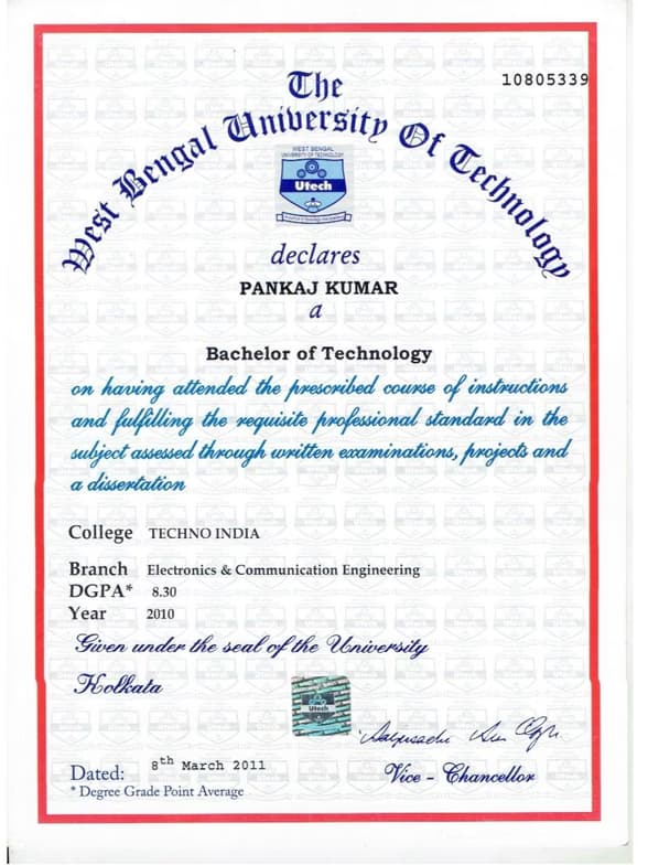 Verified degree or teaching certification of Pankaj  