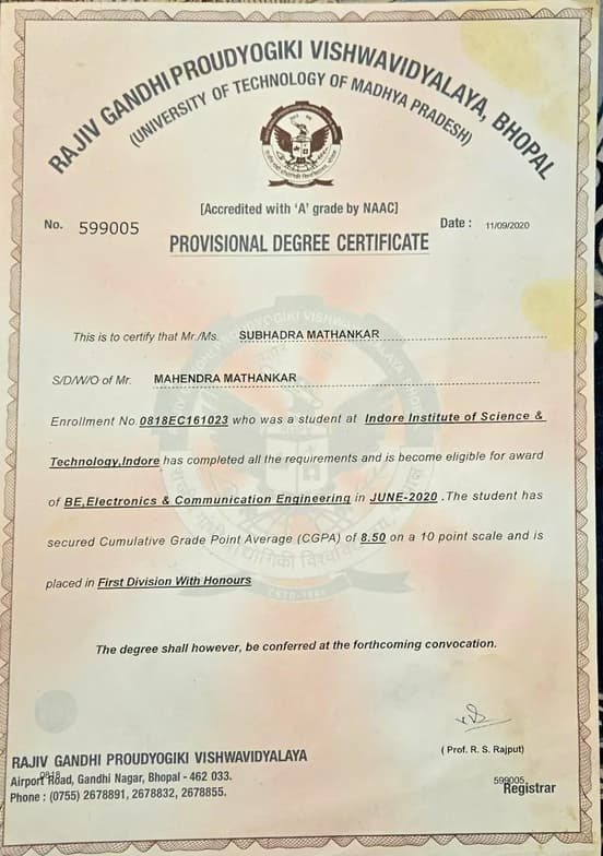 Verified degree or teaching certification of Subhadra 