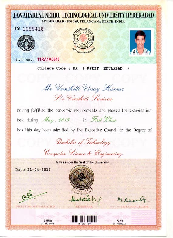 Verified degree or teaching certification of Vinay Kumar 