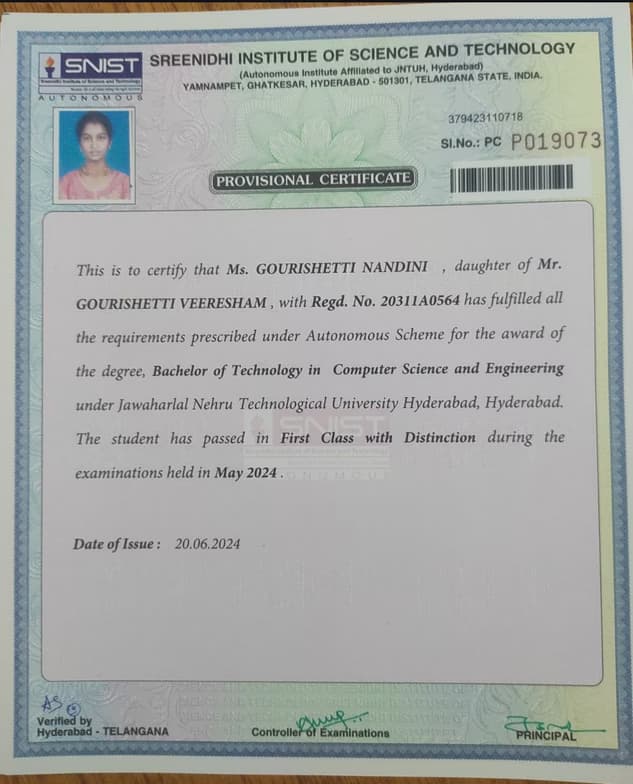 Verified degree or teaching certification of Gourishetti  
