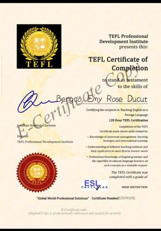 Verified degree or teaching certification of Emy Rose 