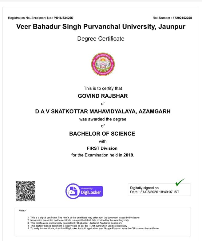Verified degree or teaching certification of Mr.govind 