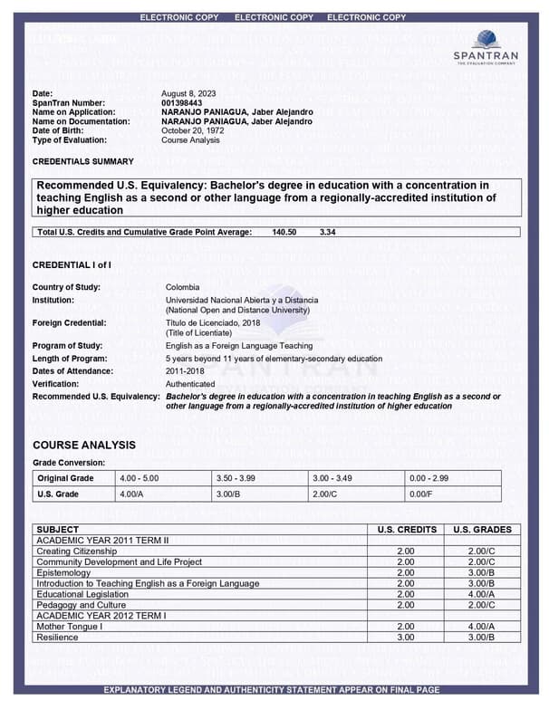 Verified degree or teaching certification of Alejandro 