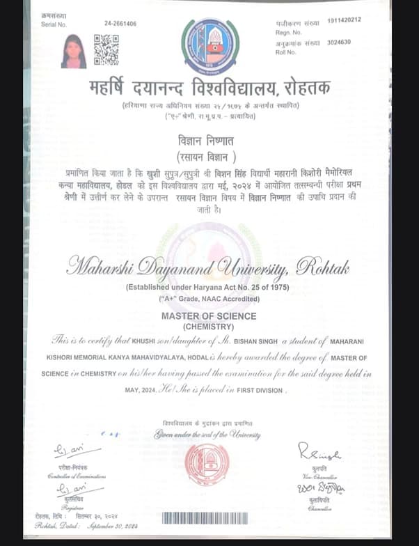 Verified degree or teaching certification of Khushi 