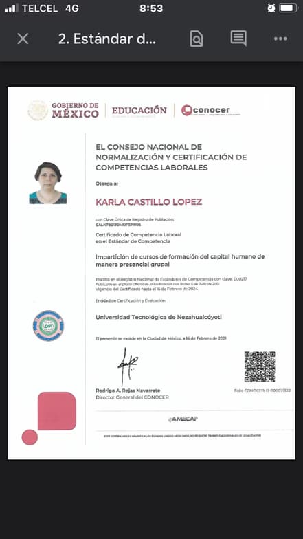Verified degree or teaching certification of Karla 