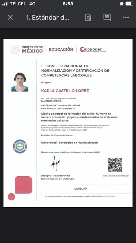 Verified degree or teaching certification of Karla 