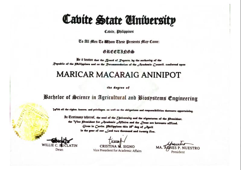 Verified degree or teaching certification of MARICAR 