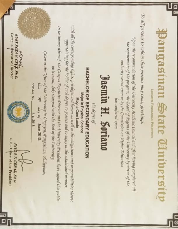 Verified degree or teaching certification of Jasmin 