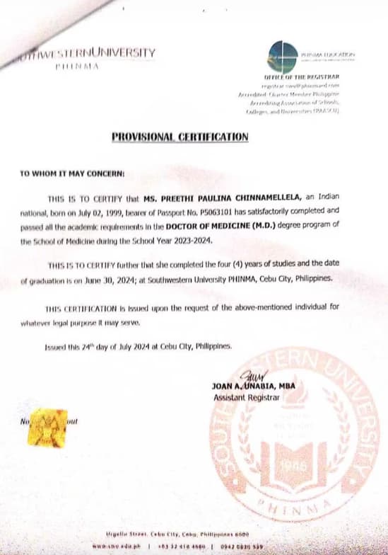 Verified degree or teaching certification of Preethi Paulina 