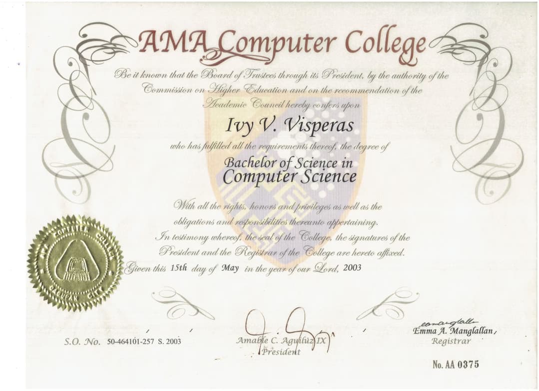 Verified degree or teaching certification of Ivy 
