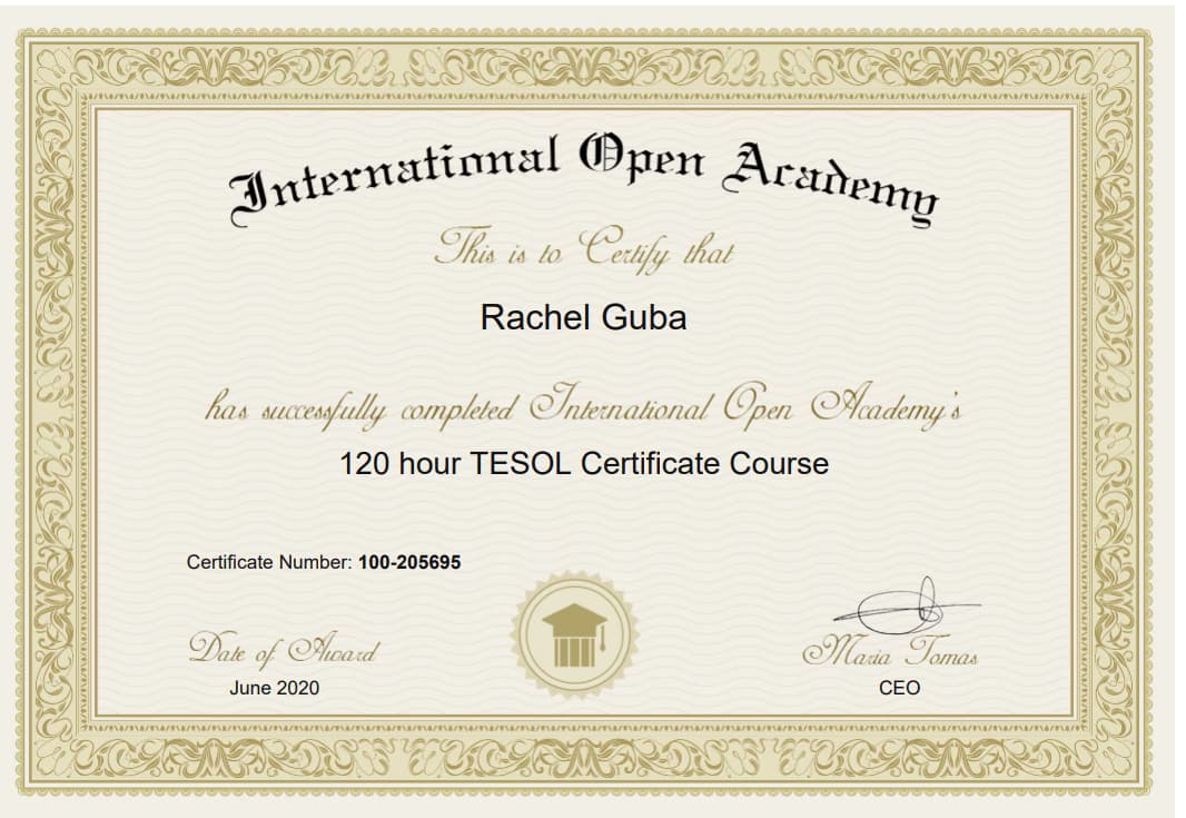 Verified degree or teaching certification of Rachel 