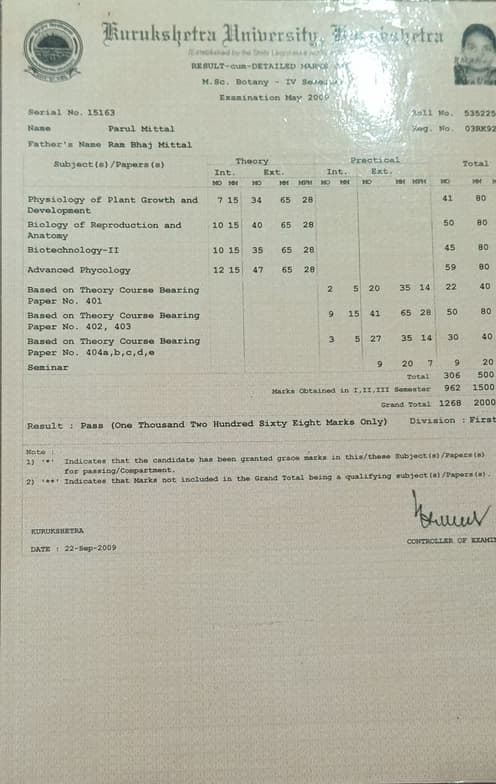 Verified degree or teaching certification of Parul 