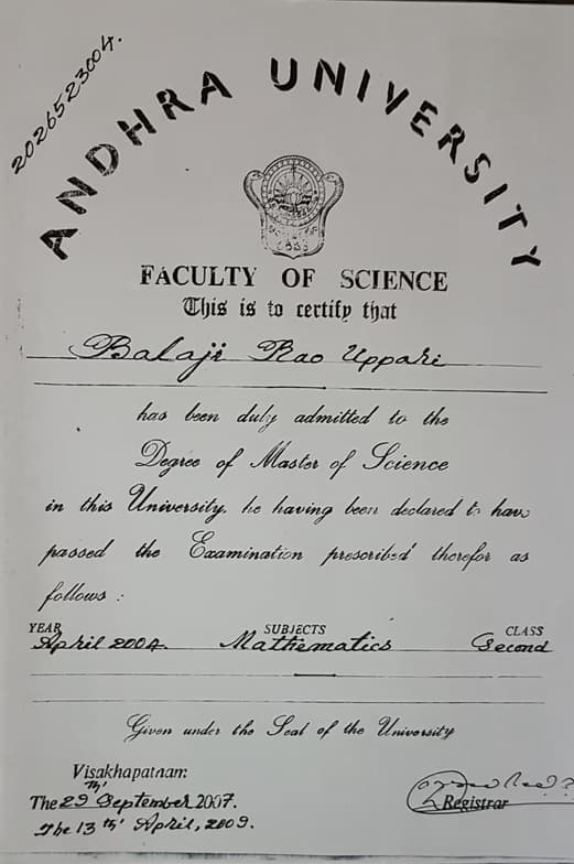 Verified degree or teaching certification of BALAJI RAO 