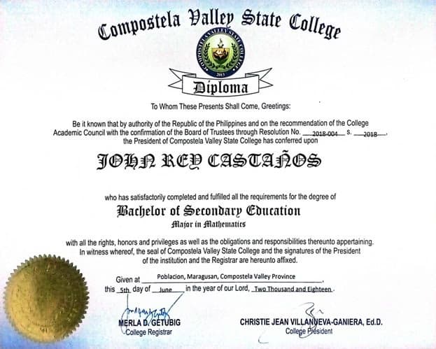 Verified degree or teaching certification of John Rey 
