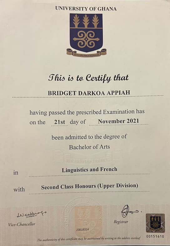 Verified degree or teaching certification of Bridget  