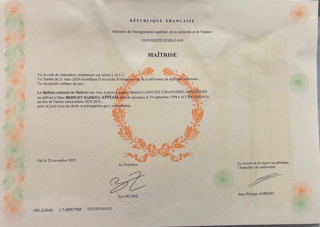 Verified degree or teaching certification of Bridget  