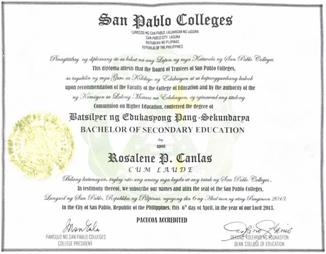 Verified degree or teaching certification of Rosalene 