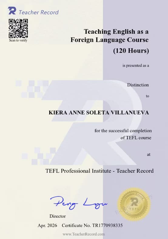 Verified degree or teaching certification of Kiera 