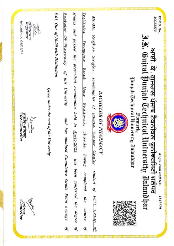 Verified degree or teaching certification of Raghav 