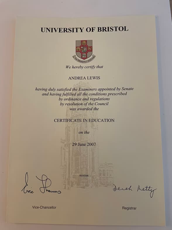 Verified degree or teaching certification of Andrea 