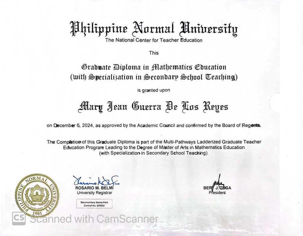 Verified degree or teaching certification of Mary Jean 