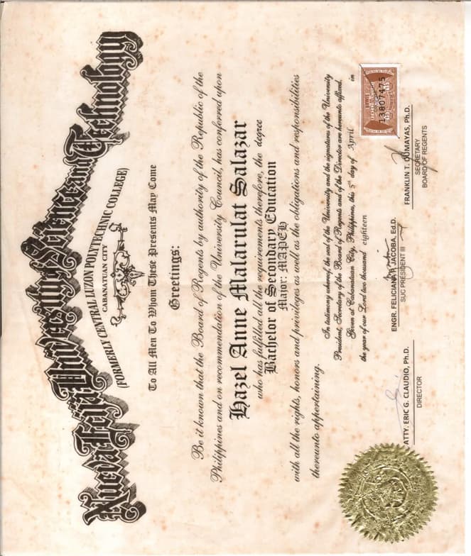 Verified degree or teaching certification of Hazel Anne 