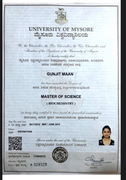 Verified degree or teaching certification of Gunjit 