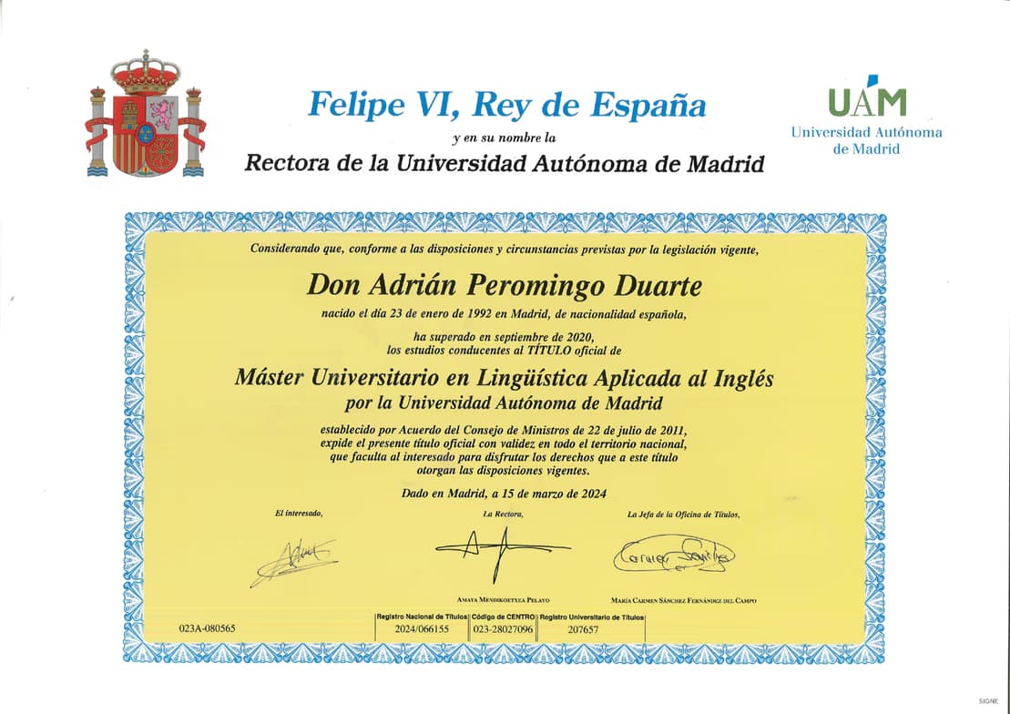 Verified degree or teaching certification of Adrian 