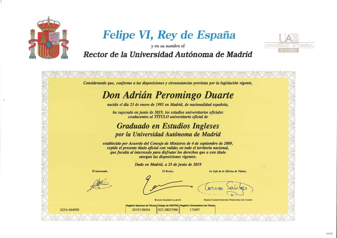 Verified degree or teaching certification of Adrian 