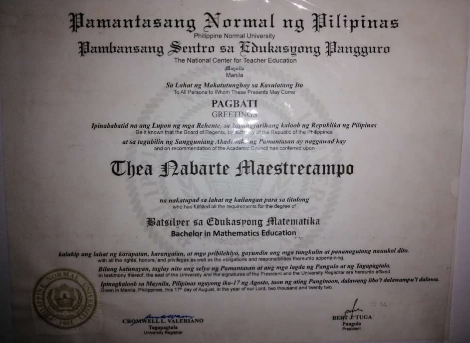 Verified degree or teaching certification of Thea 