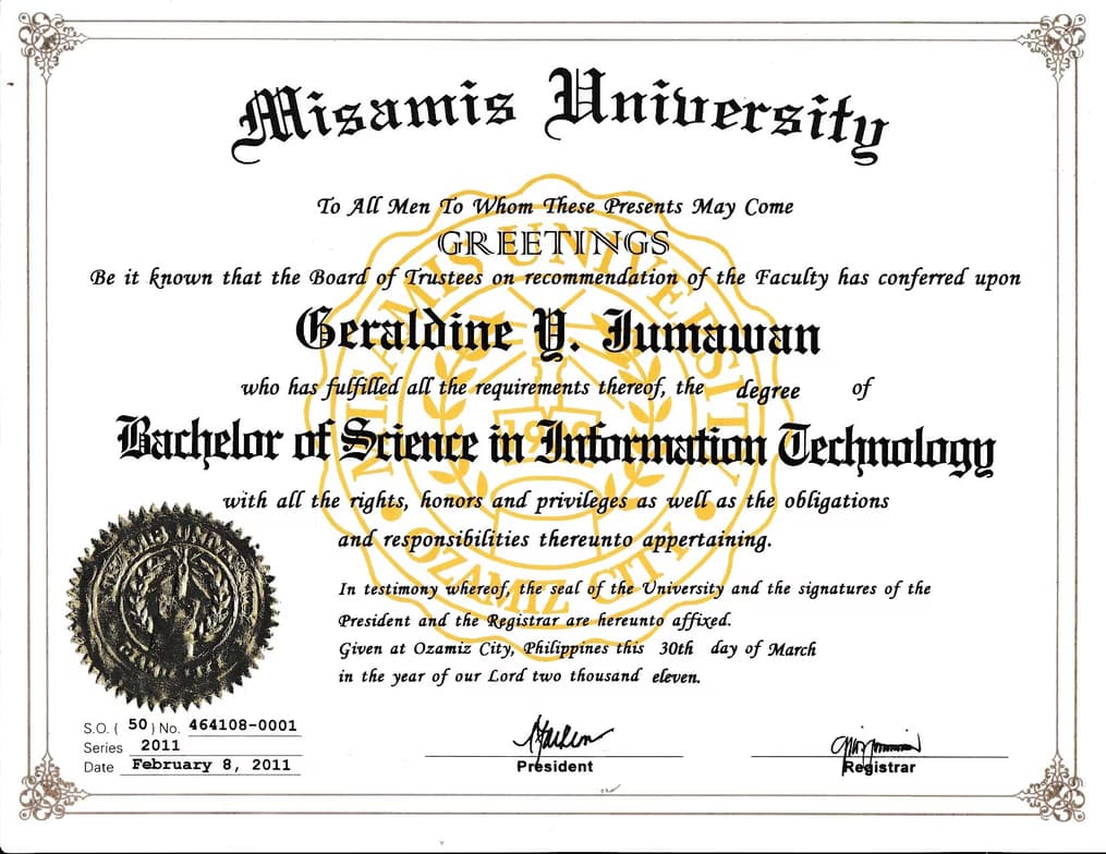 Verified degree or teaching certification of Geraldine 