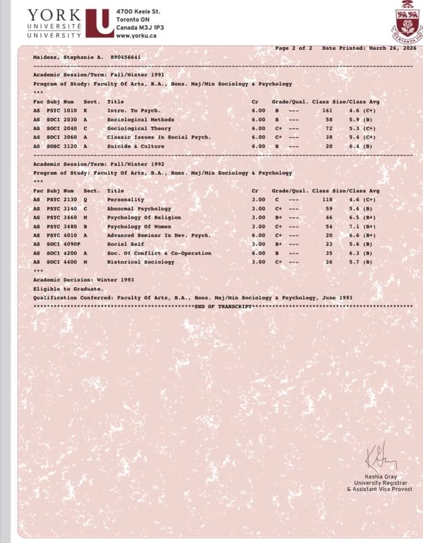 Verified degree or teaching certification of Stephanie  