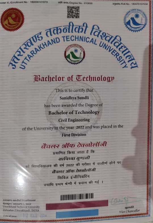 Verified degree or teaching certification of Sanidhya 