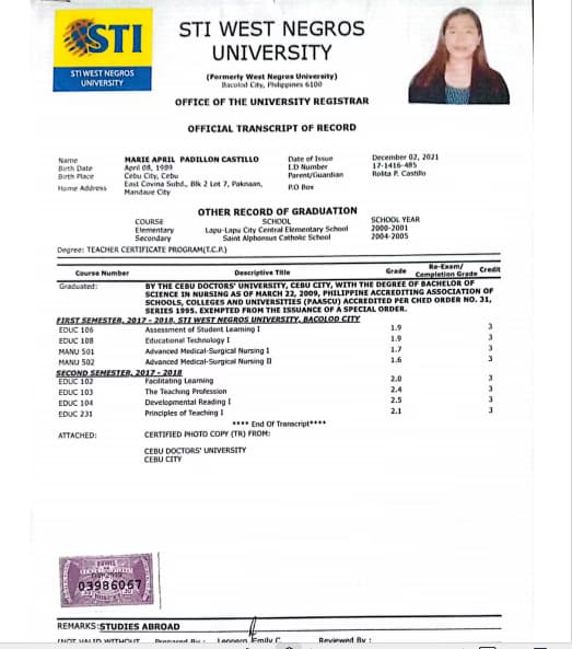 Verified degree or teaching certification of Marie April 