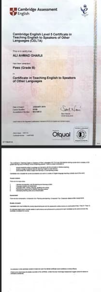 Verified degree or teaching certification of Ali 