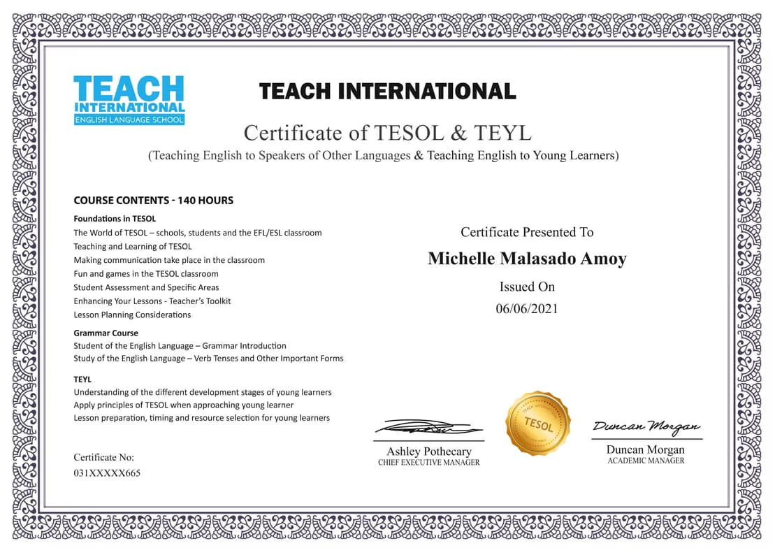 Verified degree or teaching certification of Michelle 