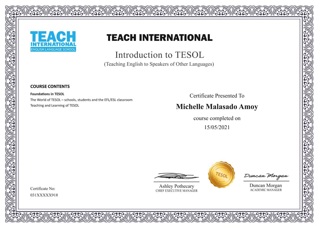 Verified degree or teaching certification of Michelle 