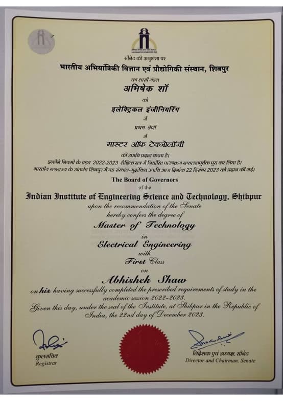 Verified degree or teaching certification of Abhishek 