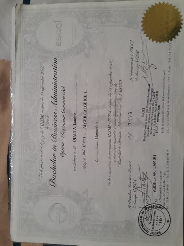 Verified degree or teaching certification of Lamine 