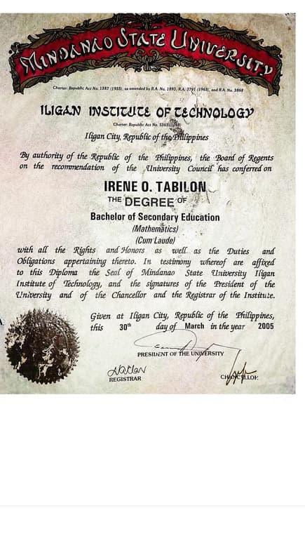 Verified degree or teaching certification of Irene 