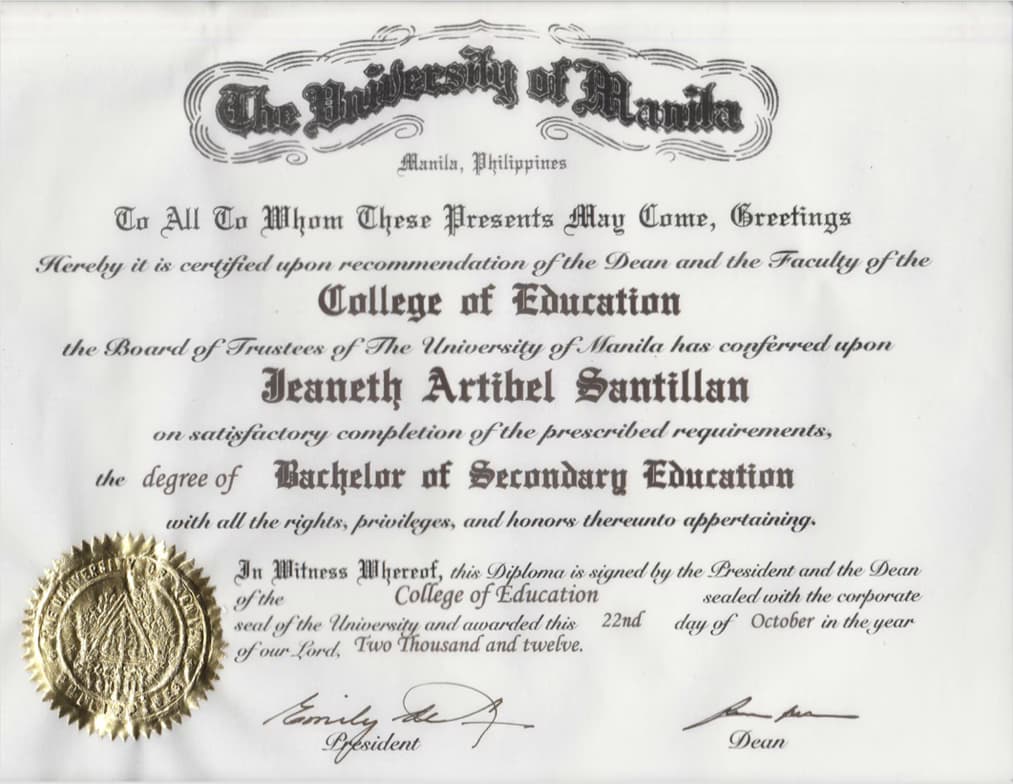 Verified degree or teaching certification of Jeaneth 