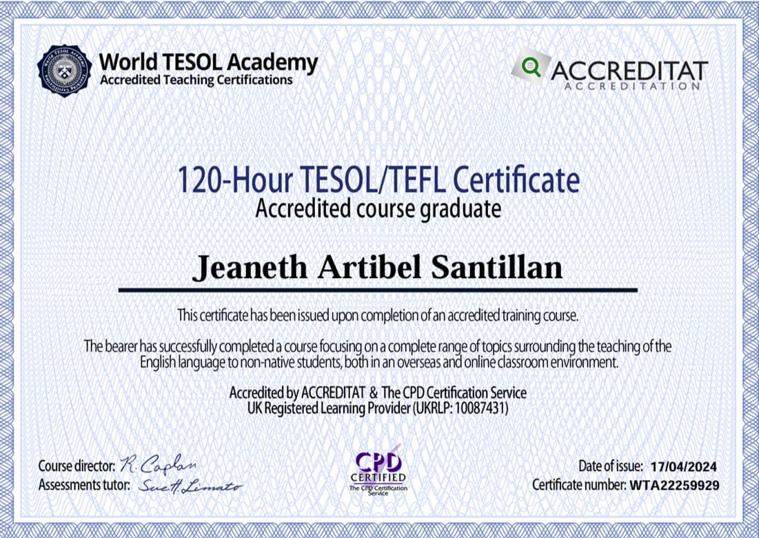 Verified degree or teaching certification of Jeaneth 