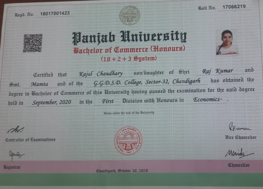 Verified degree or teaching certification of Kajal 