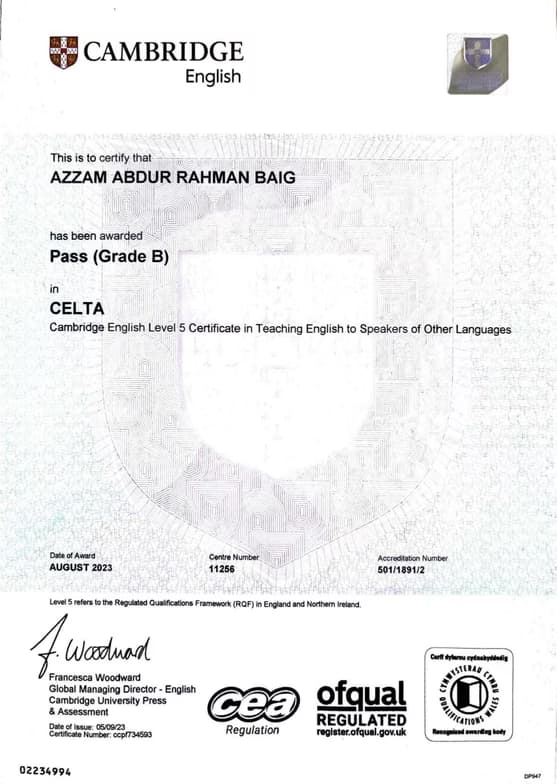 Verified degree or teaching certification of Azzam 