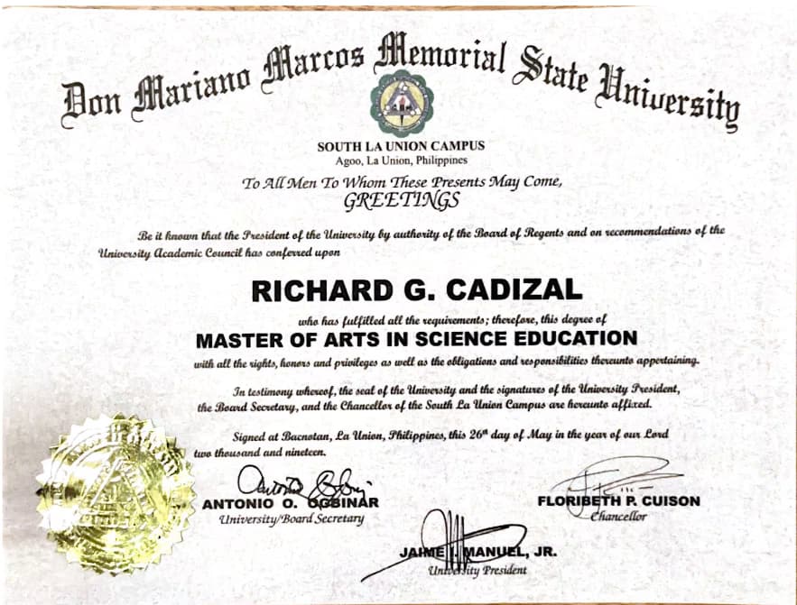 Verified degree or teaching certification of Richard 