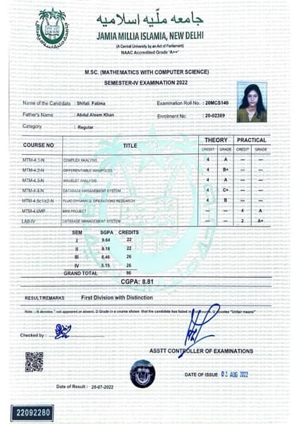 Verified degree or teaching certification of SHIFALI 